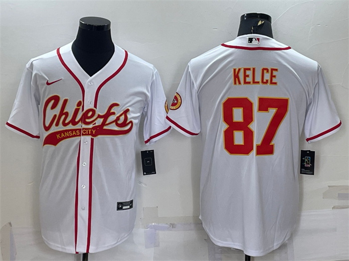 Men Kansas City Chiefs 87 Travis Kelce White With Patch Cool Base Stitched Baseball Jersey