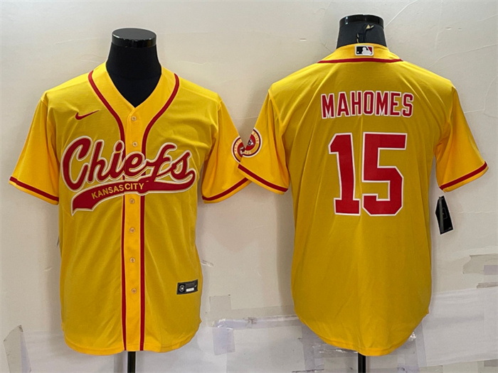 Men Kansas City Chiefs 15 Patrick Mahomes Gold With Patch Cool Base Stitched Baseball Jersey