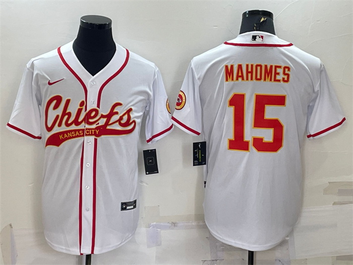 Men Kansas City Chiefs 15 Patrick Mahomes White With Patch Cool Base Stitched Baseball Jersey