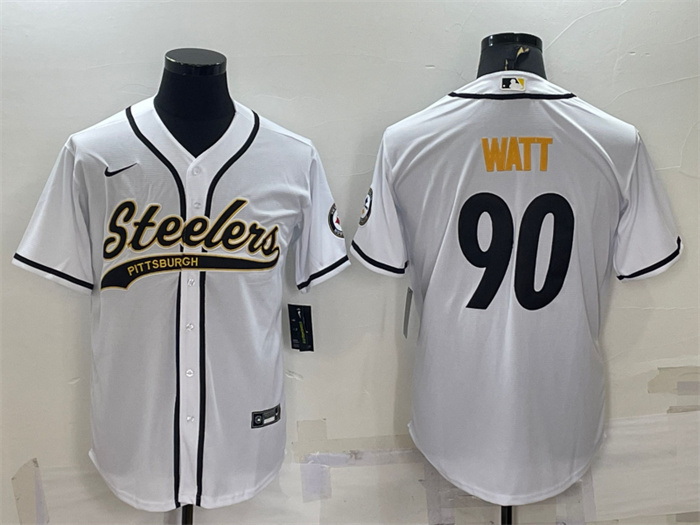 Men Pittsburgh Steelers 90 T J  Watt White With Patch Cool Base Stitched Baseball Jersey