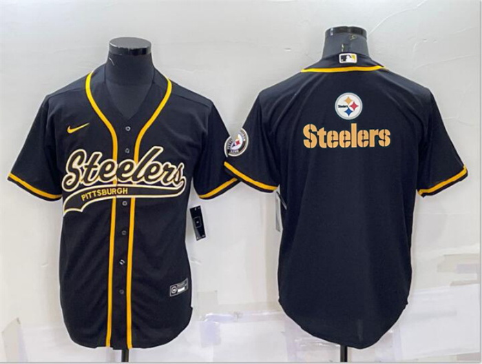 Men Pittsburgh Steelers Black Team Big Logo With Patch Cool Base Stitched Baseball Jersey