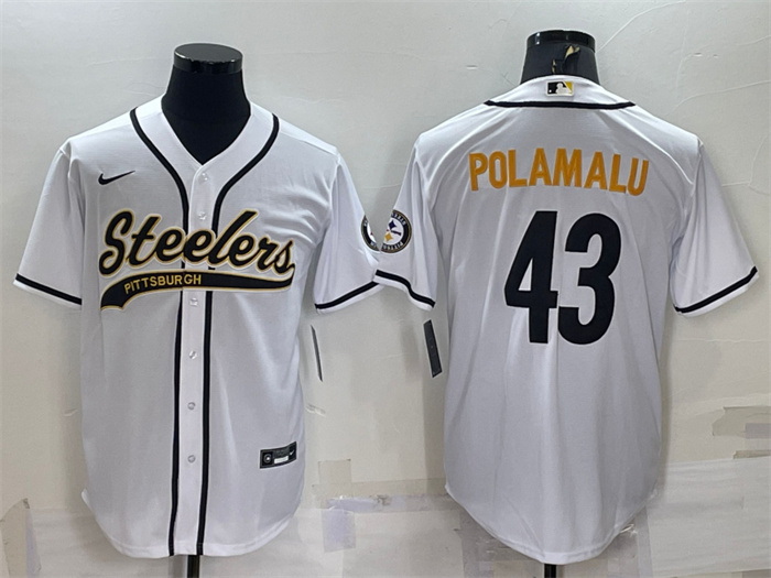 Men Pittsburgh Steelers 43 Troy Polamalu White With Patch Cool Base Stitched Baseball Jersey