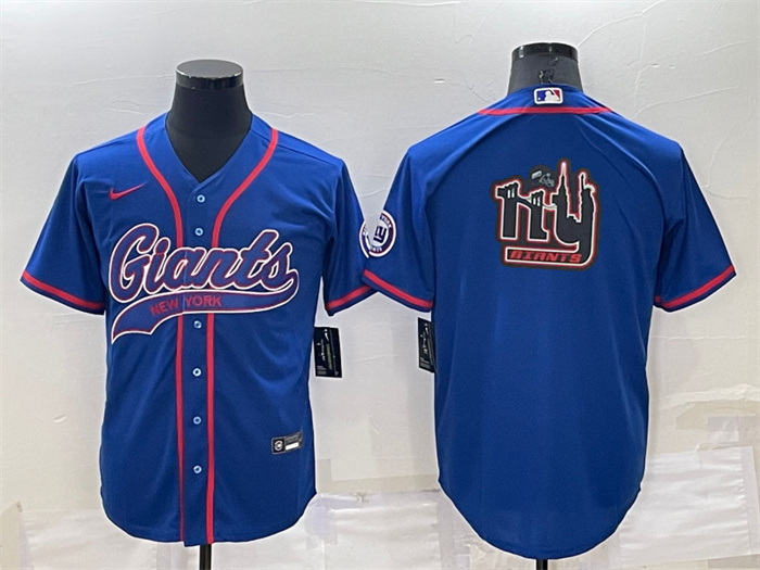 Men New York Giants Blue Team Big Logo With Patch Cool Base Stitched Baseball Jersey