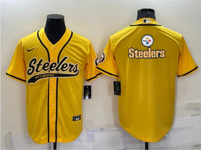 Men Pittsburgh Steelers Yellow Team Big Logo With Patch Cool Base Stitched Baseball Jersey