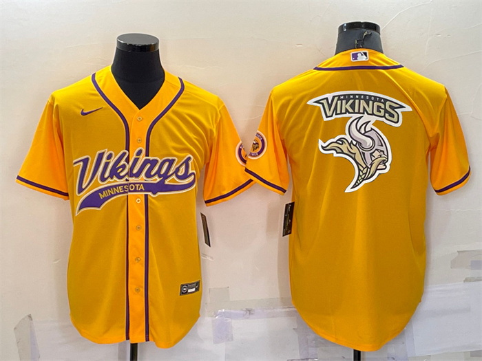 Men Minnesota Vikings Gold Team Big Logo With Patch Cool Base Stitched Baseball Jersey