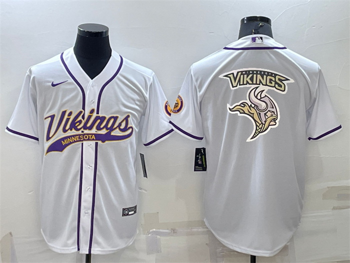 Men Minnesota Vikings White Team Big Logo With Patch Cool Base Stitched Baseball Jersey