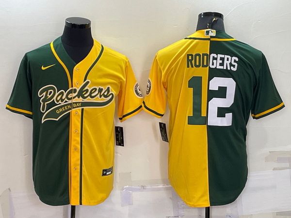 Men Green Bay Packers 12 Aaron Rodgers Green Yellow Split With Patch Cool Base Stitched Baseball Jer