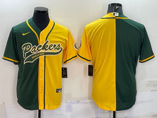 Men Green Bay Packers Blank Green Yellow Split With Patch Cool Base Stitched Baseball Jersey