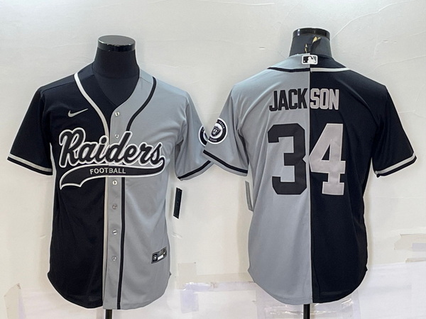 Men Las Vegas Raiders 34 Bo Jackson Black Grey Split With Patch Cool Base Stitched Baseball Jersey