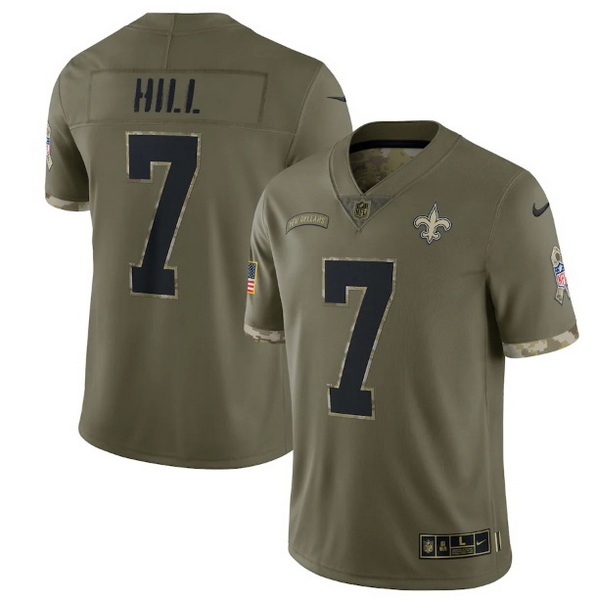 Men New Orleans Saints 7 Taysom Hill Olive 2022 Salute To Service Limited Stitched Jersey