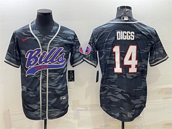 Men Buffalo Bills Blank 14 Stefon Diggs Grey Navy Camo With Patch Cool Base Stitched Baseball Jersey