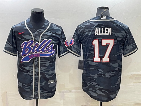 Men Buffalo Bills Blank 17 Josh Allen Grey Navy Camo With Patch Cool Base Stitched Baseball Jersey