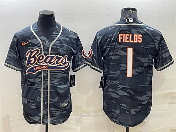 Men Chicago Bears Blank 1 Justin Fields Grey Camo With Patch Cool Base Stitched Baseball Jersey