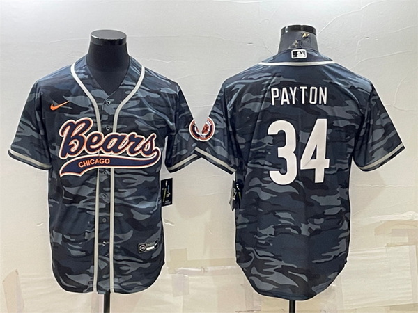 Men Chicago Bears Blank 34 Walter Payton Grey Camo With Patch Cool Base Stitched Baseball Jersey