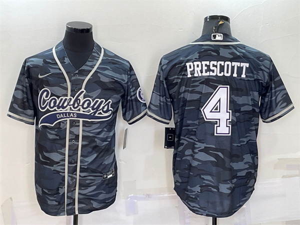 Men Dallas Cowboys 4 Dak Prescott Grey Camo With Patch Cool Base Stitched Baseball Jersey