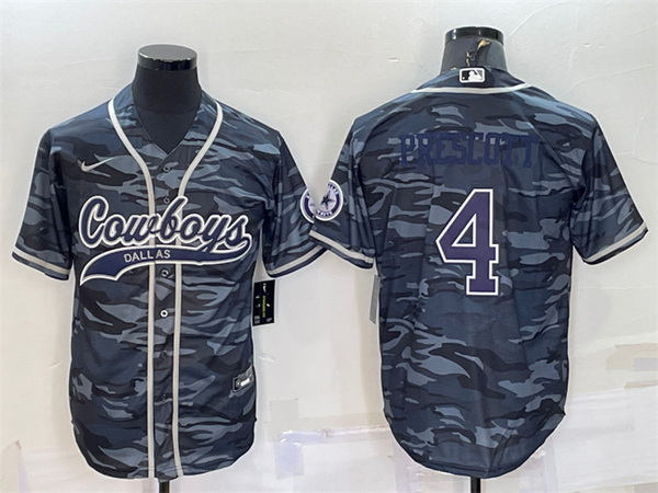 Men Dallas Cowboys 4 Dak Prescott Grey Navy Camo With Patch Cool Base Stitched Baseball Jersey