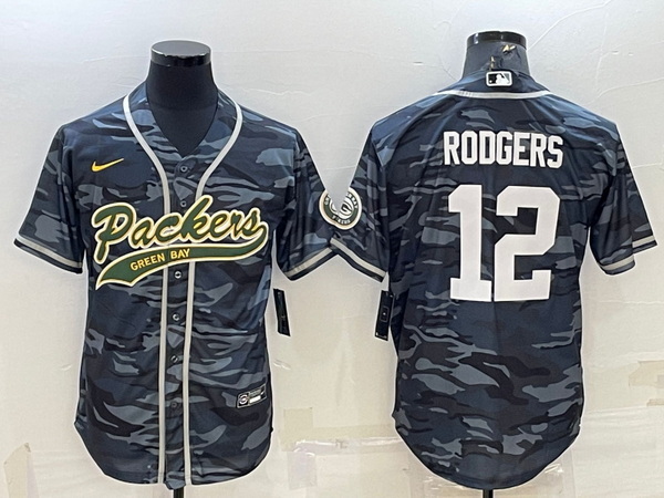 Men Green Bay Packers 12 Aaron Rodgers Grey Camo With Patch Cool Base Stitched Baseball Jersey