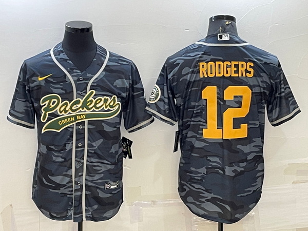 Men Green Bay Packers 12 Aaron Rodgers Grey Gold Camo With Patch Cool Base Stitched Baseball Jersey