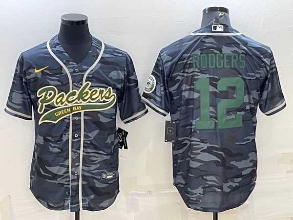 Men Green Bay Packers 12 Aaron Rodgers Grey Green Camo With Patch Cool Base Stitched Baseball Jersey