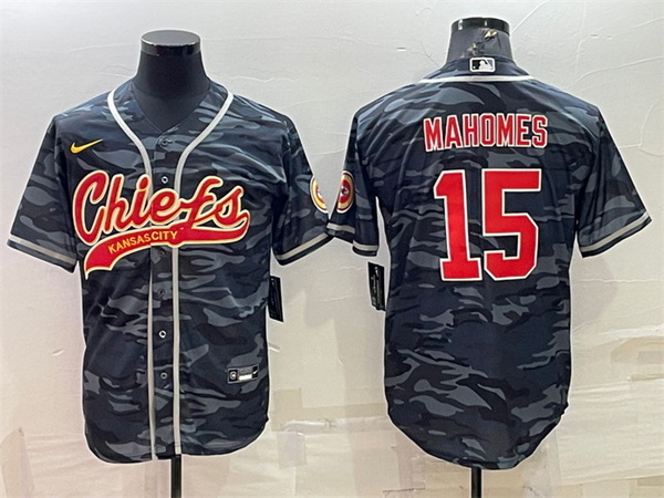 Men Kansas City Chiefs Blank 15 Patrick Mahomes Grey Navy Camo With Patch Cool Base Stitched Basebal