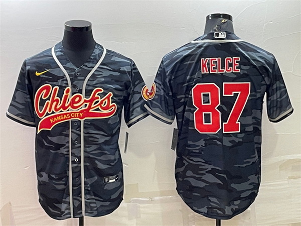 Men Kansas City Chiefs Blank 87 Travis Kelce Grey Navy Camo With Patch Cool Base Stitched Baseball J