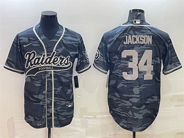 Men Las Vegas Raiders 34 Bo Jackson Grey Camo With Patch Cool Base Stitched Baseball Jersey