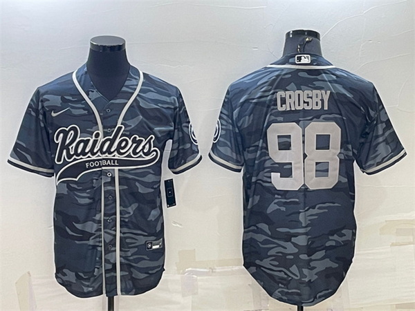 Men Las Vegas Raiders 98 Maxx Crosby Grey Camo With Patch Cool Base Stitched Baseball Jersey