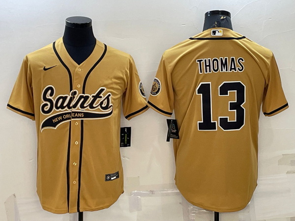 Men New Orleans Saints 13 Michael Thomas Gold With Patch Cool Base Stitched Baseball Jersey