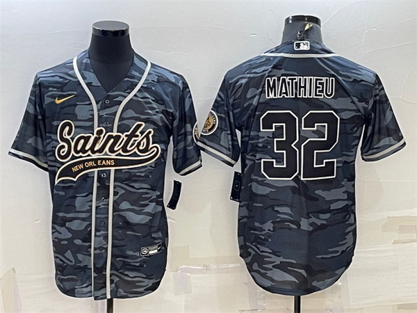 Men New Orleans Saints 32 Tyrann Mathieu Grey Camo With Patch Cool Base Stitched Baseball Jerse