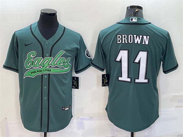 Men Philadelphia Eagles 11 A  J  Brown Green With Patch Cool Bas