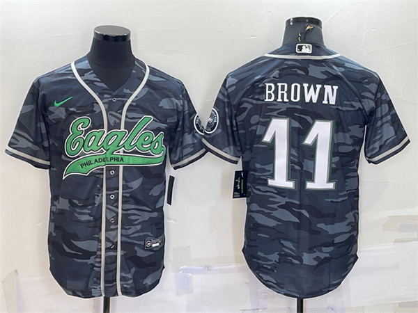 Men Philadelphia Eagles 11 A  J  Brown Grey Camo With Patch Cool Base Stitched Baseball Jersey