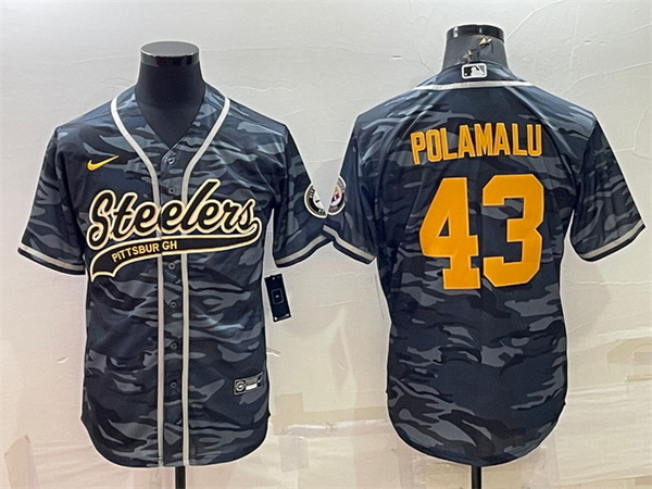 Men Pittsburgh Steelers 43 Troy Polamalu Grey Navy Camo With Patch Cool Base Stitched Baseball Jerse