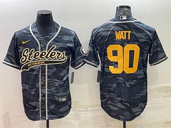 Men Pittsburgh Steelers 90 T  J  Watt Grey Navy Camo With Patch Cool Base Stitched Baseball Jersey