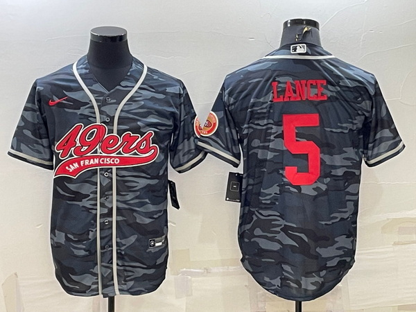 Men San Francisco 49ers 5 Trey Lance Grey Red Camo With Patch Cool Base Stitched Baseball Jersey