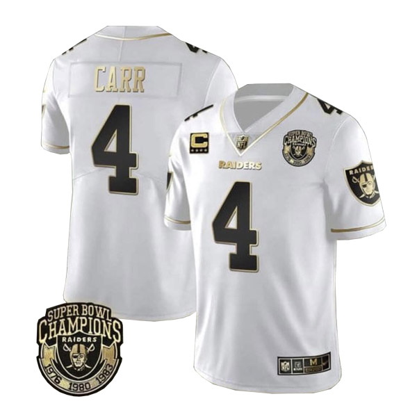 Men Las Vegas Raiders 4 Derek Carr White Gold With Champions Patch  26 C Patch Limited Stitched Jers