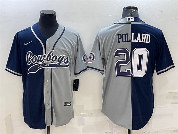 Men Dallas Cowboys 20 Tony Pollard Navy Grey Split With Patch Cool Base Stitched Baseball Jersey