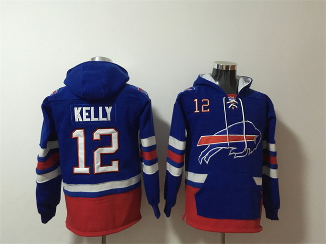 Men Buffalo Bills 12 Jim Kelly Royal Ageless Must Have Lace Up Pullover Hoodie