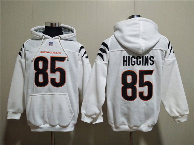 Men Cincinnati Bengals 85 Tee Higgins White Pullover Hoodie