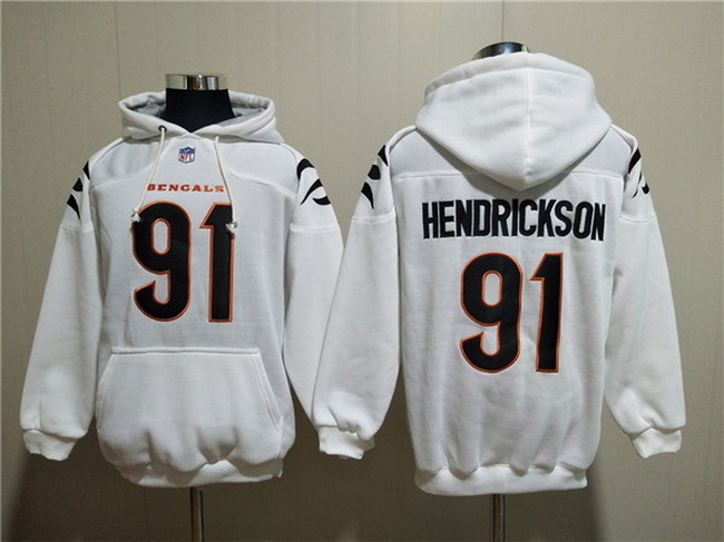 Men Cincinnati Bengals 91 Trey Hendrickson White Pullover Hoodie