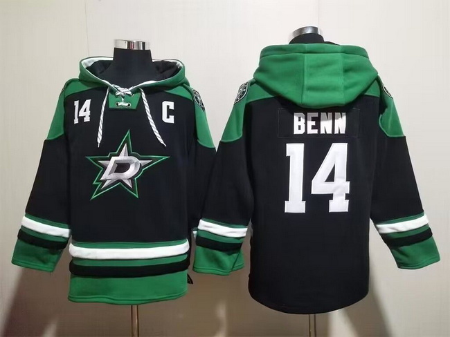 Men Dallas Stars 14 Jamie Benn Black Green Lace Up Pullover Hoodie