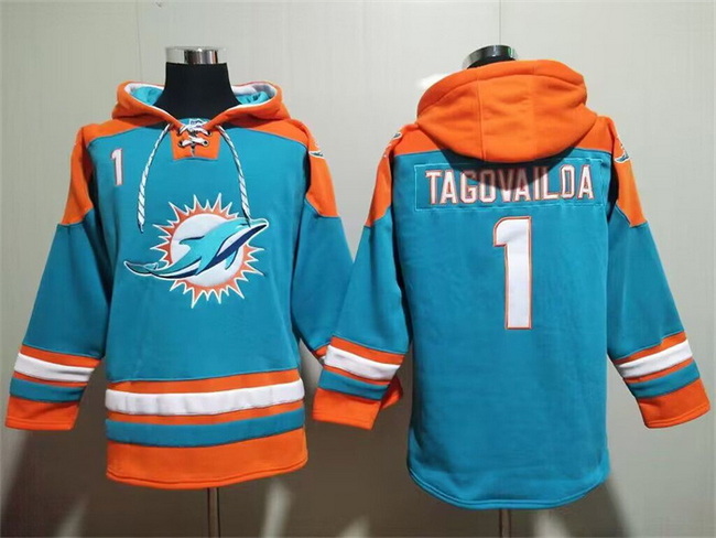 Men Miami Dolphins 1 Tua Tagovailoa Aqua Lace Up Pullover Hoodie