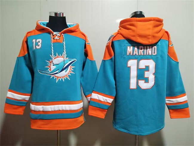 Men Miami Dolphins 13 Dan Marino Aqua Lace Up Pullover Hoodie