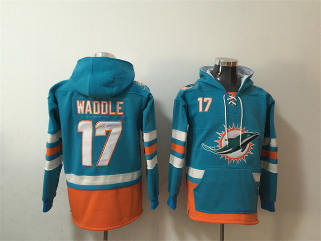 Men Miami Dolphins 17 Jaylen Waddle Aqua Lace Up Pullover Hoodie