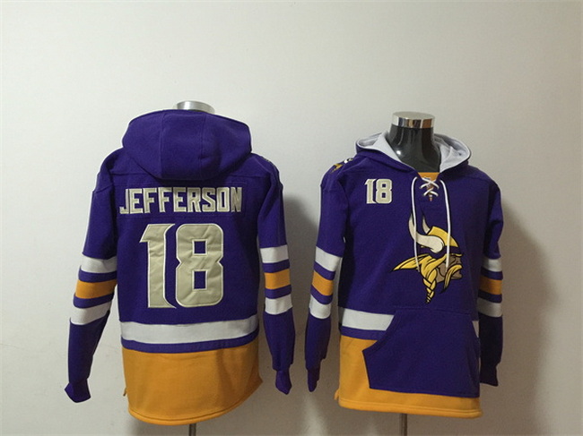 Men Minnesota Vikings 18 Justin Jefferson Purple Ageless Must Have Lace Up Pullover Hoodie