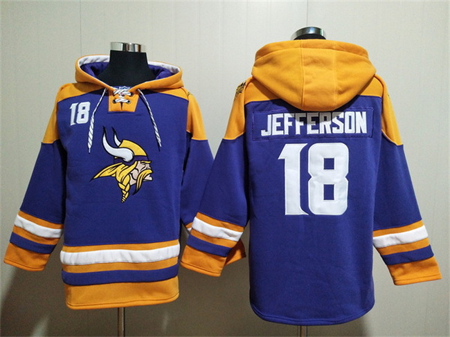 Men Minnesota Vikings 18 Justin Jefferson Purple Yellow Ageless Must Have Lace Up Pullover Hoodie