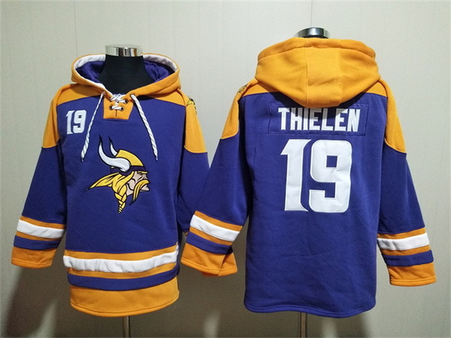 Men Minnesota Vikings 19 Adam Thielen Purple Yellow Ageless Must Have Lace Up Pullover Hoodie