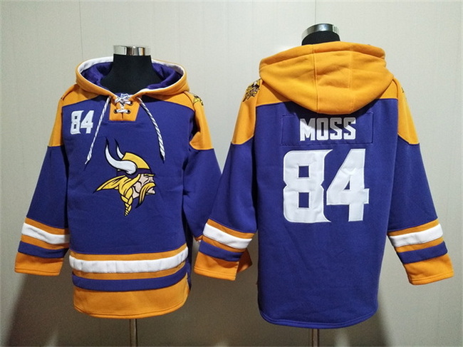 Men Minnesota Vikings 84 Randy Moss Purple Yellow Ageless Must Have Lace Up Pullover Hoodie