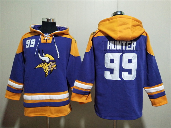 Men Minnesota Vikings 99 Danielle Hunter Purple Yellow Ageless Must Have Lace Up Pullover Hoodie