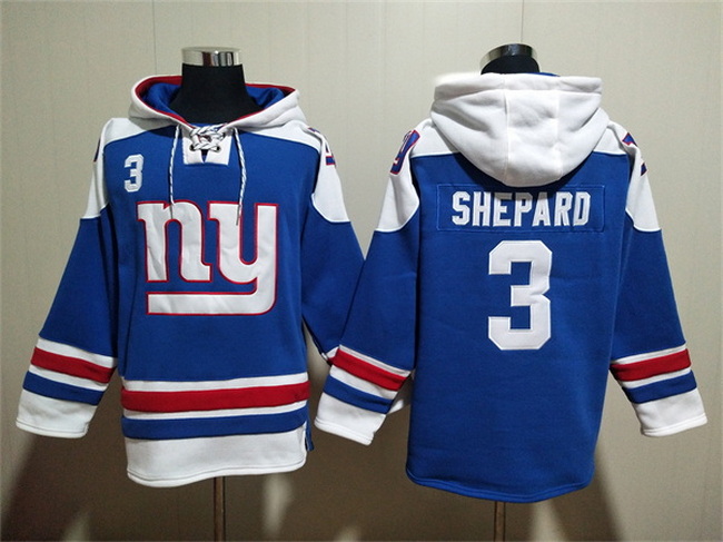 Men New York Giants 3 Sterling Shepard Blue Lace Up Pullover Hoodie