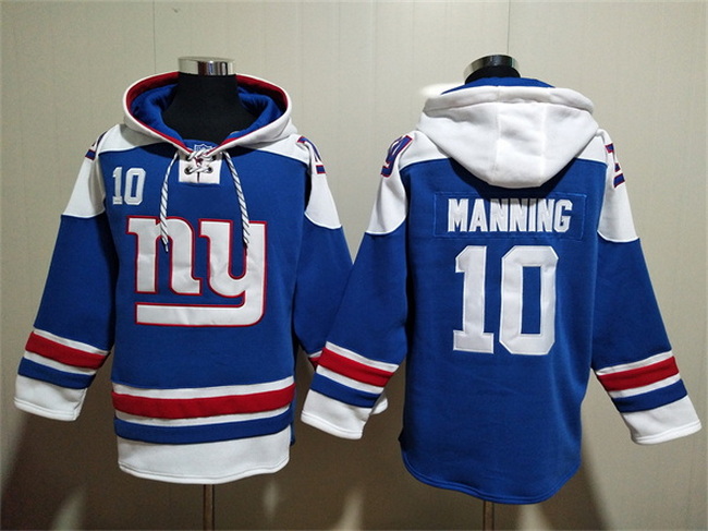 Men New York Giants 10 Eli Manning Blue Lace Up Pullover Hoodie